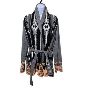 Konrad & Joseph Open Cardigan S Tie Waist Aztec Southwestern Gray Orange Casual